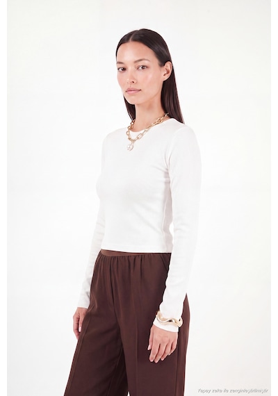 Lela Pamuklu Bisiklet Yaka Crop Bluz Kadın Bluz 5867060 Ekru