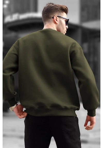 Erkek Düz Bisiklet Yaka 3 İplik Sweatshirt - Yeşil