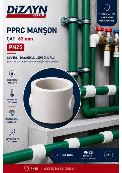Dizayn Pprc Manşon 63 Mm 6 Adet Pn25 Temiz Su Tesisat Ek Parçası