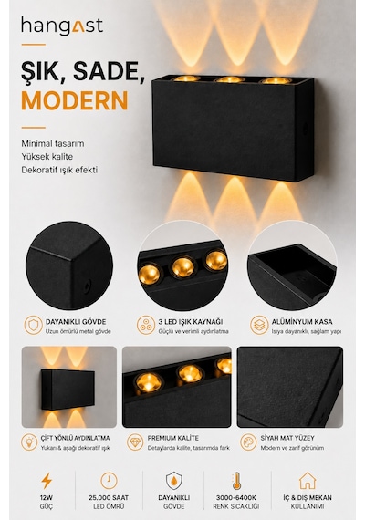 Pilli Amber 3 Led Dekoratif Duvar Apliği Çift Yönlü Yukarı Aşağı Aydınlatma İç & Dış Mekan Duvar Lambası Siyah