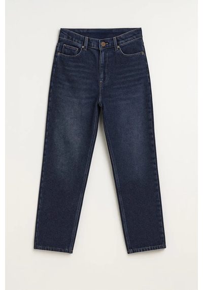 Kadın Yüksek Bel Mom Fit İndigo Jean Pantolon