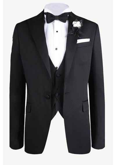 Ysf Erkek Siyah Kırlangıç Yaka Yelekli Slim Fit Desenli Damatlık