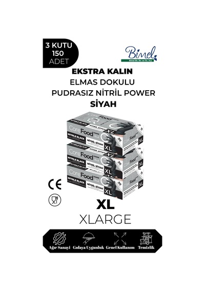 Nitril Siyah Power Muayene Eldiveni Xl - 3 Paket 50 Li