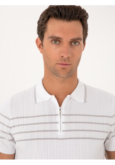 Beyaz Slim Fit %100 Pamuk Fermuarlı Polo Yaka Triko T-shirt