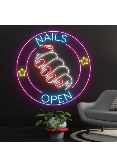 Naıls Open Yazılı Ve Şekilli Neon Tabela Çok Renkli