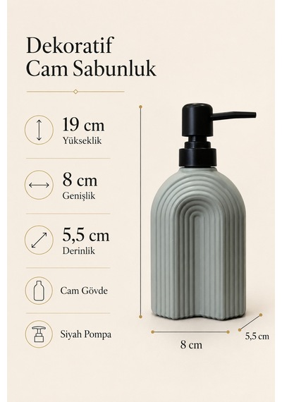 Çizgili Bohem Minimal Cam Sıvı Sabunluk - 250ml - 14x6x5.5 Cm Gri
