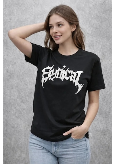 De'charme Bisiklet Yaka Ön Baskılı Kısa Kollu Tişört Streetwear Günlük Basic Pamuklu T-shirt - Siyah