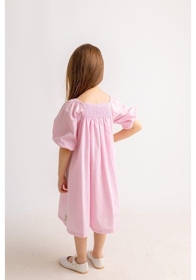 Oliventhekid Pembe Sıra Lastikli Kız Çocuk Elbise Pembe Pembe