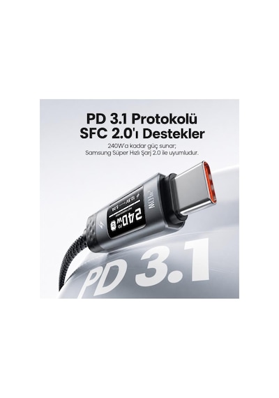 Toocki 240W PD 3.1 OLED Ekranlı Type-C to Type-C Hızlı Şarj Kablosu  E-Marker Çipli - 2 Metre