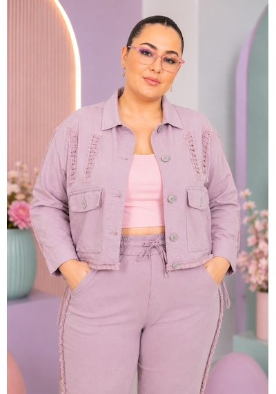 Büyük Beden Yakalı Düğme Detaylı Bağcıklı Ön Cepli Denim Kadın Ceket Pembe