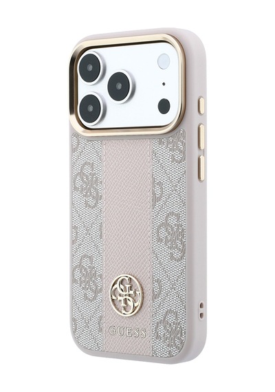 Apple iPhone Uyumlu 18 Pro Kılıf Guess  Lisanslı M-safeli Deri 4g Desenli Şeritli Yazı Logolu Kapak Pembe