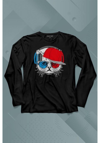 Cat Glasses Gözlüklü Bordo Mavi Spor Trabzon Kedi Uzun Kollu Tişört Baskılı Çocuk T-shirt 001