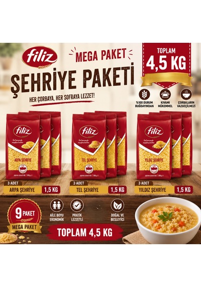 Filiz Mega Şehriye Seti 9 X 500 G Tel -arpa - Yıldız Şehriye Çorbalık Ve Yemeklik Ekonomik Aile Paketi Güven Bitkisel