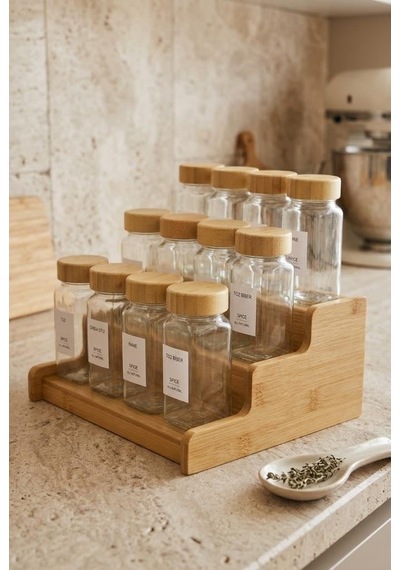 13 Parça Bambu Standlı Baharatlık Seti - 12 Adet 120 Ml Cam Baharat Takımı Diğer