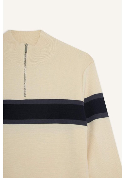 Defacto Slim Fit Dar Kesim Dik Yaka Fermuarlı Renk Bloklu Triko Kazak Y4193az25wnbg187 Bej