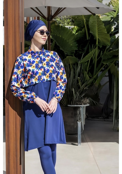 Mayom Tam Kapalı Crop Model Çiçek Desenli Tesettür Mayo-2523 Lacivert-desenli