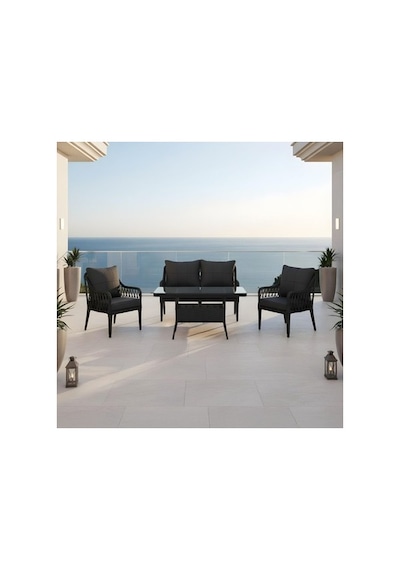 Dora Garden Home Zen Rattan Bahçe Balkon Takımı 2+1+1 Camlı Masalı Antrasit