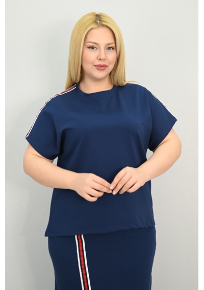Koza Butik Kadın Büyük Beden Kısa Kollu Şeritli Etek Takım 8204-25