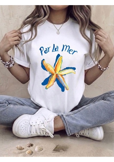 Par La Mer Baskılı Oversize Kompak T-shirt Beyaz
