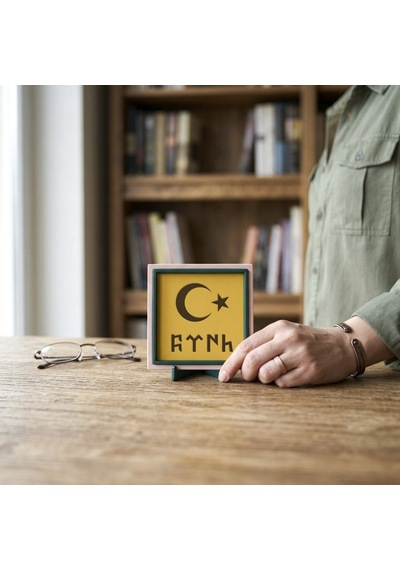 Göktürkçe Türk Yazılı Ay Yıldız Motifli Dekoratif Obje, Yaşam Alanınıza Değer Katan Tasarım 10x10 Cm