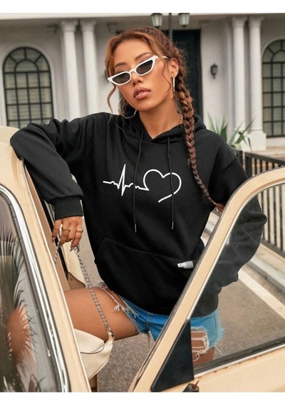 Kadın Kalp Çizgi Baskılı Oversize Kapşonlu Sweatshirt Siyah