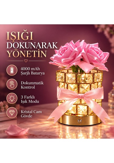 Kristal Cam Pembe Güllü Şarjlı Masa Lambası 4000 Mah Dokunmatik 3 Işık Modlu Dekoratif Gece Lambası