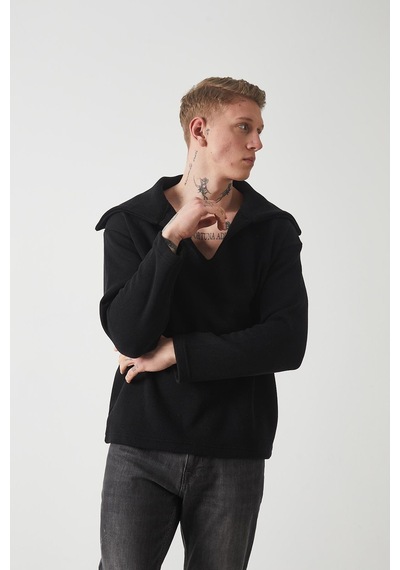R-5850 Yaka Detaylı Örme Sweat Siyah