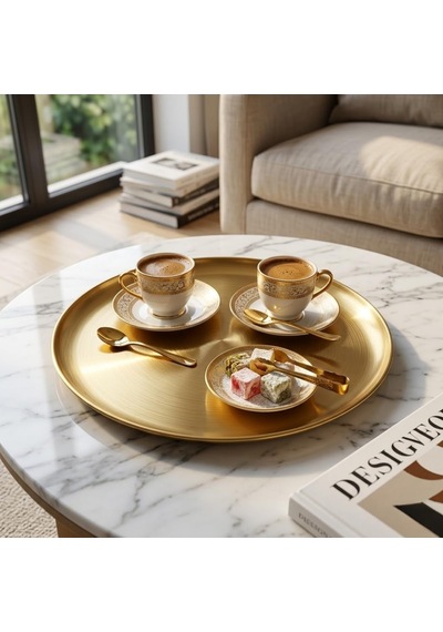 30 Cm Yuvarlak Altın Renk Metal Servis Tepsisi, Dekoratif Sunum Tepsisi, Kahve Ve İçecek Servisi İçin Şık Gold Tepsi
