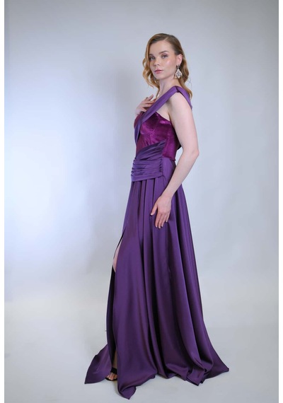 Crystalia Opia Dress Saten Kadife Detaylı - Mor Mor