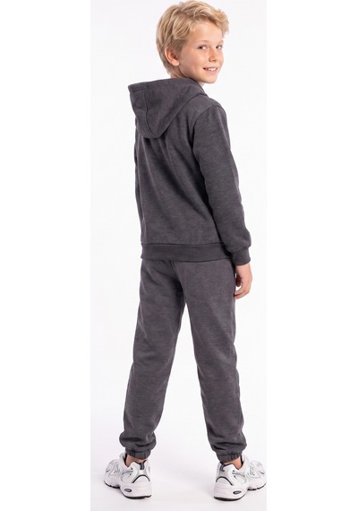 Fyk Kids Erkek Çocuk Düz Kanguru Cepli Kapüşonlu Eşofman Takımı Füme