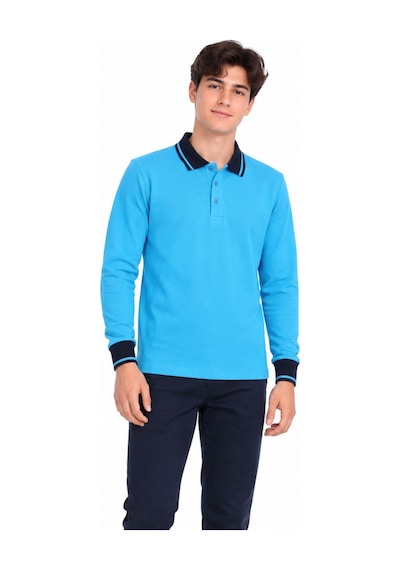 Lacivert Yakalı Turkuaz Uzun Kol Düz Renk Lakos Sweat Polo Yaka Sweatshirt