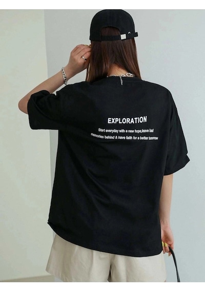 Tarzsokak Kadın Siyah Exploration Baskılı Oversize Tişört Siyah