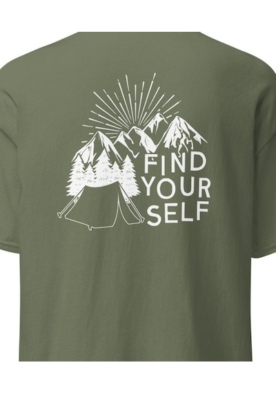 Wildstyle Find Yourself Kendini Keşfet Dağ Kamp Doğa Baskılı Unisex Pamuklu Tişört Haki