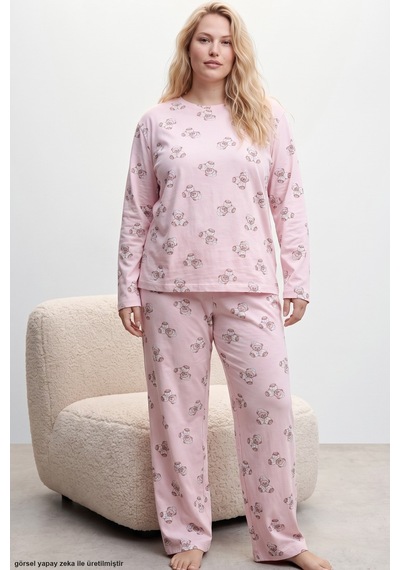 Siyah İnci Baskılı Büyük Beden Battal Boy Örme Pijama Takım 8089 Pembe Ayıcık