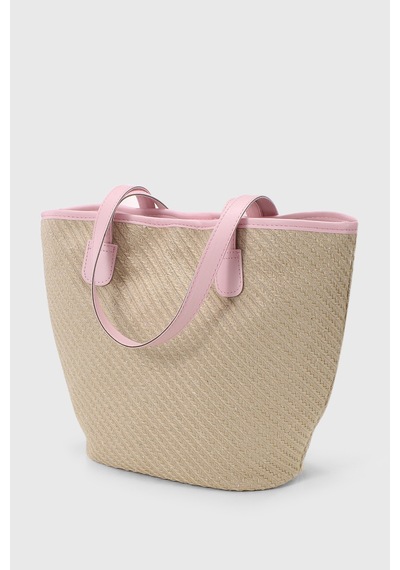 Housebags Doğal Hasır Pembe Deri Askılı Plaj Çantası Hasır Pembe