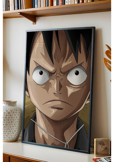 One Piece Luffy Kararlı Portre Çerçeveli Tablo - Premium Genç Odası Anime Duvar Dekoru Poster Siyah