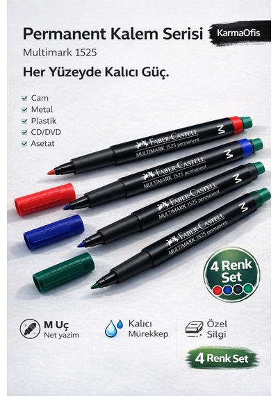 Multimark 1525 Permanent Markör 4'lü Set M Uç Cam Cd Plastik Metal Yazım Kalemi Ekru