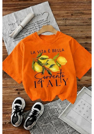 Bella Limon Ön Baskılı Oversize Pamuklu Kadın T-shirt Turuncu