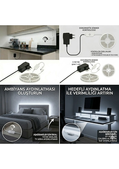 5 Metre Beyaz Şerit Led Işık Seti Dimmer Butonlu Ve Adaptörlü Mutfak Tezgahı, Raf Ve Tv Ünitesi Aydınlatma