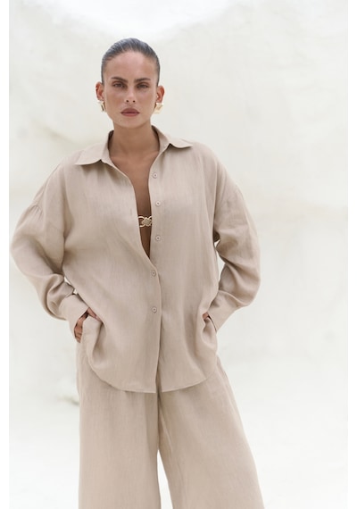 Mai Collection Mai Studios Co. Jelsomina Oversize Bej Keten Gömlek Pantolon Takım Bej
