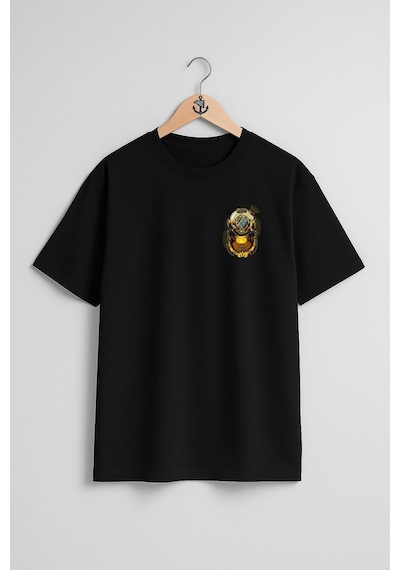 Oversize Gold Dalış Başlığı Cep Ve Sırt Tasarımlı Unisex T-shirt Siyah