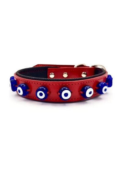 Hakiki Deri Nazar Boncuklu Köpek Tasması Kırımızı 56 CM x2.5 CM Haki