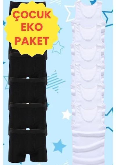 Mood Agenda Erkek Çocuk Pamuklu Penye 6 Atlet 6 Boxer Beyaz Siyah Beyaz - Siyah
