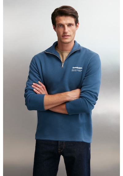 Grimelange Halden  Erkek Içi Polarlı Dik Yaka Yarım Fermuarlı Baskı Detaylı Regular Mavi Sweatshirt