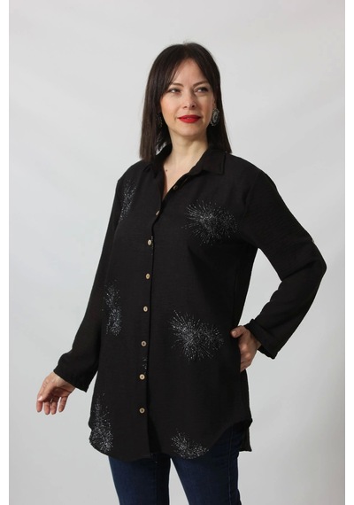 Moda Berray Sb-092 Siyah Gümüş Yaldızlı Güneş Desenli Kolu Apoletli Yandan Cepli Tunik Gömlek Kadın Büyük Beden Siyah Moda Berray Sb-092 Siyah Gümüş Yaldızlı Güneş Desenli Kolu Apoletli Yandan Cepli Tunik Gömlek Kadın Büyük Beden Siyah