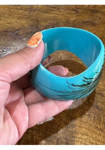 Tavus Kuşu Kanadı Desenli Kemik Kadın Hint Bileziği Çap 7 Cm Turkuaz