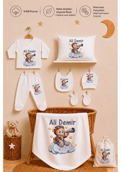 Pia Baby Erkek Bebek Hastane Çıkışı 12 Parça %100 Pamuk İsme Özel Organik Baskılı Kese Hediyeli 100711k0x Ekru