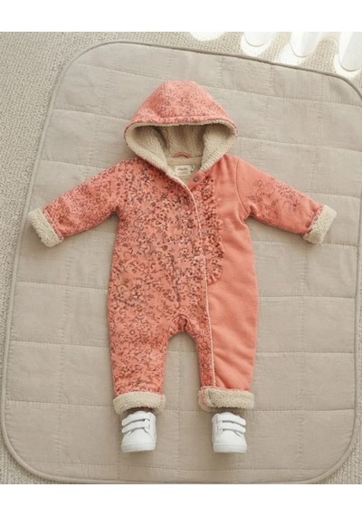 Tuffy Kids Somon Çiçek Desenli Kapüşonlu Kız Bebek Tulum Somon-ekru