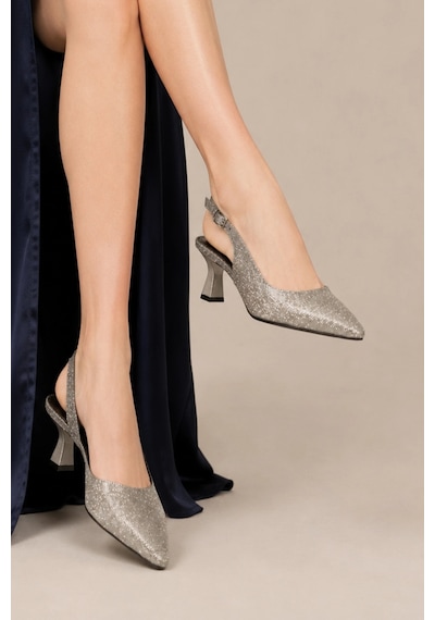 Sovenso Lurezza Suni Deri Tül Detaylı Platin Sivri Burunlu Stiletto