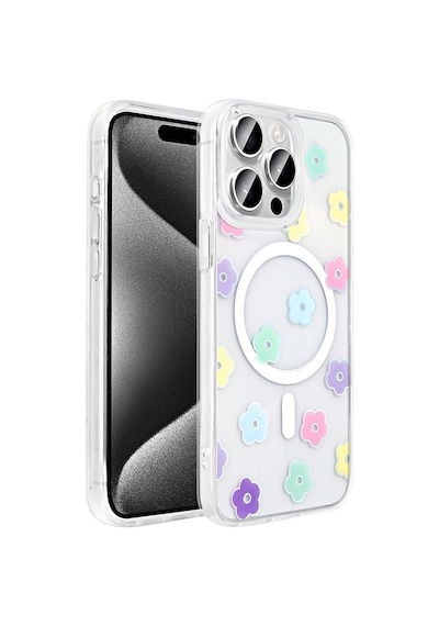 Ardemix Apple Uyumlu iPhone 15 Pro Max Kılıf M-safe Şarj Özellikli Şeffaf Zore Folk Sert Kapak - Papatya Beyaz